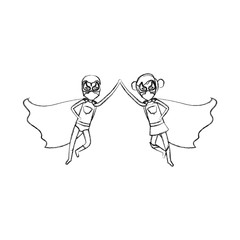 monochrome blurred contour faceless of duo of superheroes flying united of the hands and her with collected hair vector illustration