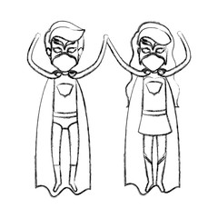 monochrome blurred contour faceless of couple of superheroes flying vertically vector illustration