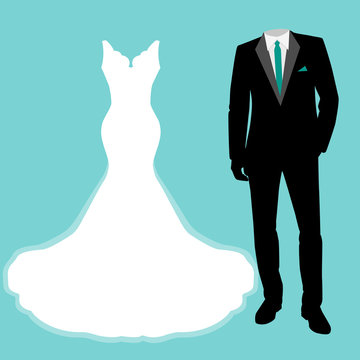 wedding dress and tuxedo.