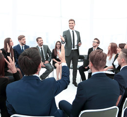 Business group greets leader with clapping and smiling