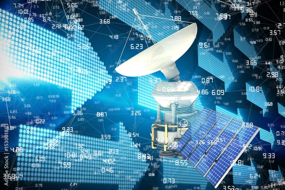 Poster composite image of vector image of 3d solar powered satellite