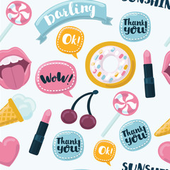 Fashion cartoon funny seamless background with lips, hearts, speech bubbles and other elements.