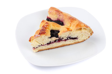 cake with blackberry on plate isolated on white background