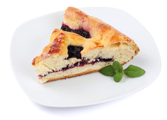 cake with blackberry on plate isolated on white background