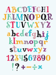 Vector cute alphabet colorful sticker alphabet with number and plus, minus, division, multiplication, quotation marks, equals
