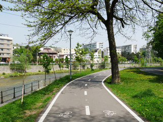 Dedicated bike path adjacent to pedestrian walkway