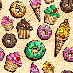 Seamless pattern with donut, ice cream, cupcake. Pink, yellow, green, brown stuffing. Strawberry, banana, chocolate, kiwi tastes. Pop art style