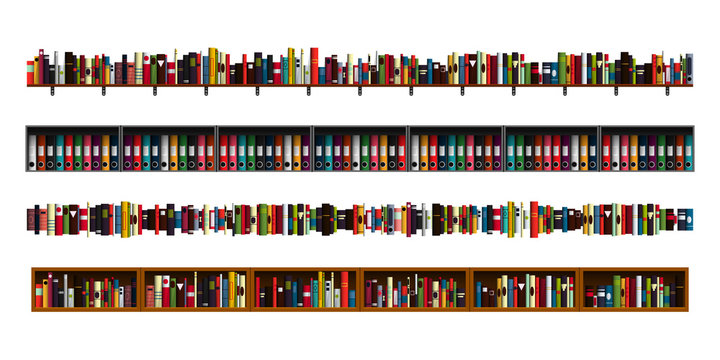 Vertically seamless book shelves border design elements set. Vector illustration bookshelves divider for advertisement, web, game. Paper book, reading, education, office archive, library borders.