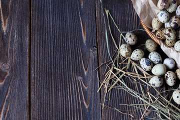 Quail eggs on a wooden table