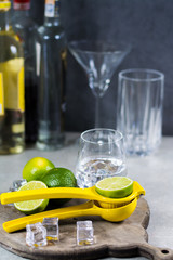 Lime manual press for preparation of cocktails, limes and glass with ice cubes