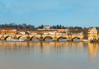 Obraz premium Panoramic view of the Petrin garden on the background of the Charles Bridge