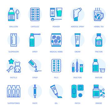 Medicines, dosage forms line icons. Pharmacy medicaments, tablet, capsules, pills, antibiotics, vitamins, painkillers, aerosol spray. Medical threatment health care thin linear signs for drug store