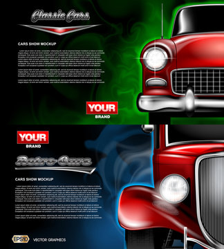 Digital vector red old retro car close up mockup, ready for print or magazine design. Your brand, auto show and exhibition, lights on. Black background, blue and green fog. Transparent, realistic 3d