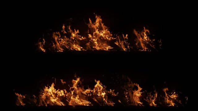 A set of real big shot fire in slow motion with particles on black background, horizontal burning beams, high speed flame isolated, perfect for film, digital composition, seamlessly looped.