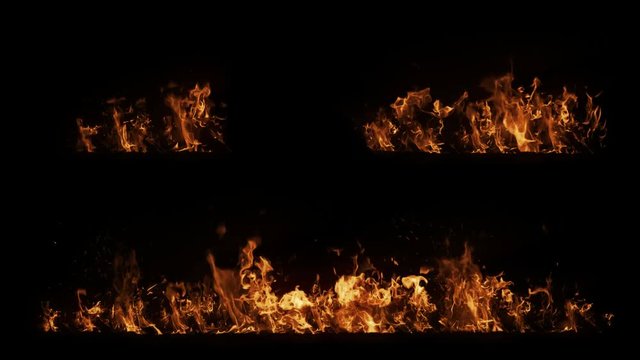 A set of real big shot fire in slow motion with particles on black background, horizontal burning beams, high speed flame isolated, perfect for film, digital composition, seamlessly looped.