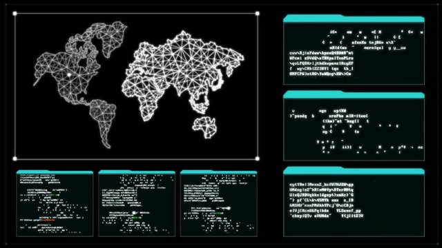 4K Hacker User inter face with random text window code percent load for cyber technology futuristic concept

