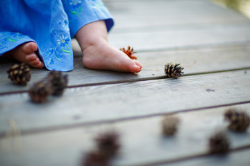 A little girl in a blue dress with bare feet on a wooden plank floor. Around her are scattered pine cones