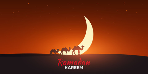 Ramadan Kareem. Ramadan Mubarak. Greeting card. Arabian night with Crescent moon and camels.