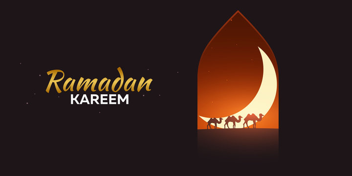 Ramadan Kareem. Ramadan Mubarak. Greeting card. Arabian night with Crescent moon and camels.