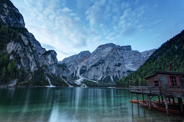 Braies lake and Dolomiti on sunrise, Trentino Alto Adige, Italy
