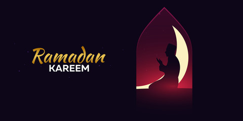 Ramadan Kareem. Ramadan Mubarak. Greeting card. Arabian night with Crescent moon.