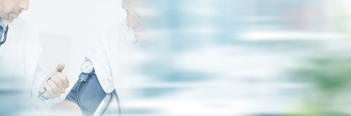 Doctor taking the blood pressure of his retired patient