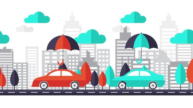 Car insurance seamless animation 4K. Car protected under umbrella in city background flat design style concept.