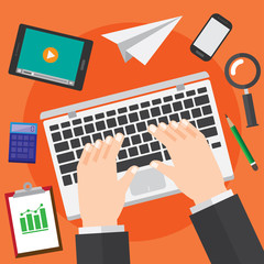 work desk. man working with computer and stuff. hand typing. vector illustration. information technology and business design concept.