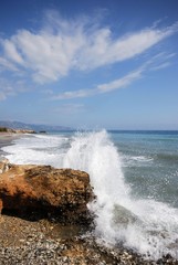 View along the beach and coastline, Torrox Costa, Spain.
