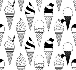 Monochrome vector summer seamless pattern with fruits and ice cream illustration isolated on white background