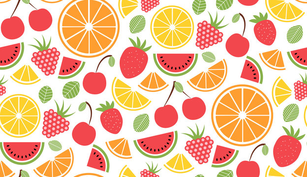Colorful vector summer seamless pattern with fruits illustration isolated on white background