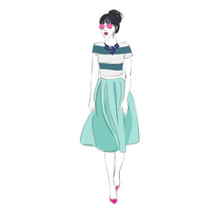 Beautiful young women in a fashion retro clothes on high heels with sunglasses. Vector hand drawn illustration.