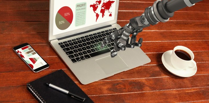Composite image of back robot arm pointing at something