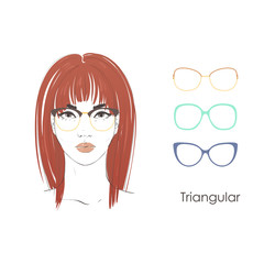 Vector set beautiful women portrait with differnt haircuts and shape of glasses for triangular type of faces. Hand drawn illustration.