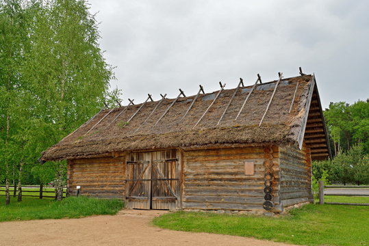 Old Russian log hut in Pushkin Mikhailovskoe