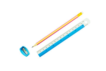 Pencil , pencil sharpener and ruler on white background