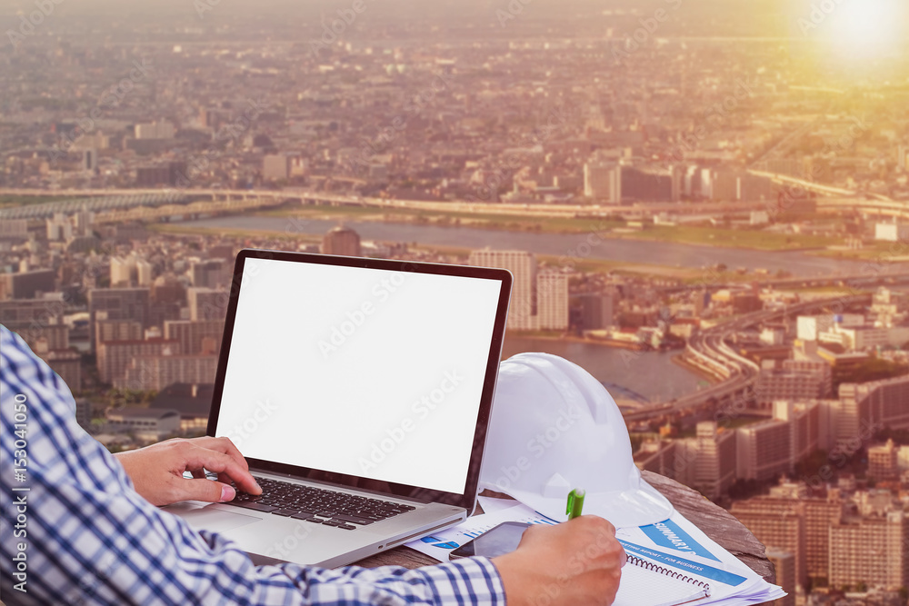 Poster male person sitting front open laptop computer with blank empty screen for your information or conte