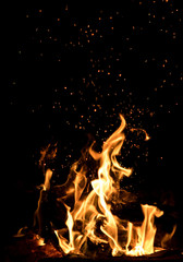 Fototapeta na wymiar Burning campfire on black background
