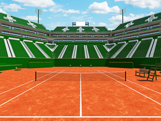 3d render of beautiful modern tennis clay court grand slam lookalike stadium with green seats for fifteen thousand fans