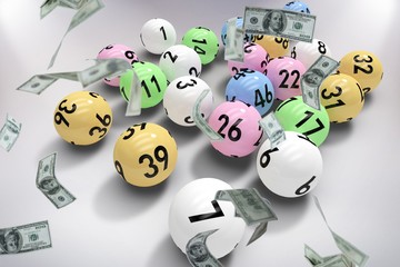 Composite image of falling one hundred dollar bills