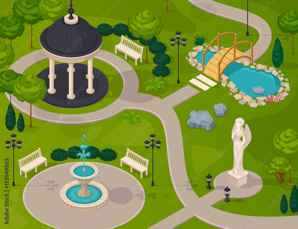 Wall mural Park Landscape Isometric Design Composition