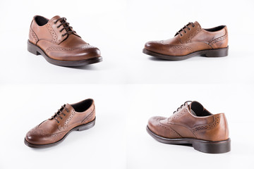 Male Brown Shoes Leather on White Background, Isolated Product, Top View, Studio.