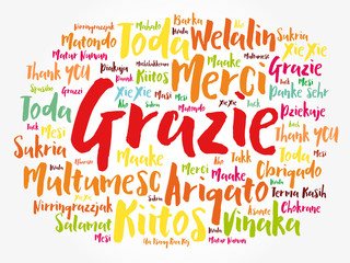 Grazie (Thank You in Italian) Word Cloud background, all languages, multilingual for education or thanksgiving day