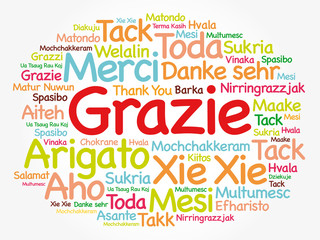 Fototapeta premium Grazie (Thank You in Italian) Word Cloud background, all languages, multilingual for education or thanksgiving day