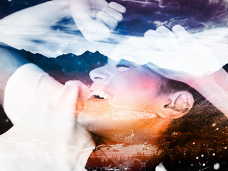 Fototapeta premium Double exposure of happy woman in the morning and beautiful mountainscape