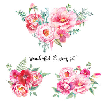 Watercolor bouquets of flowers set. Hand painted colorful floral compositions isolated on white background. Vintage style peonies, rose, tulip and leaves posy.