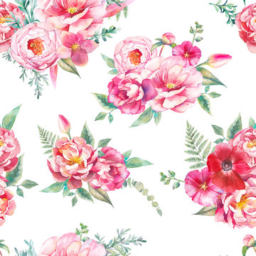 Watercolor seamless pattern with peonies flowers, fern and eucalyptus leaves. Hand painted repeating background with floral elements, peony, roses, tulip flowers. Garden style texture