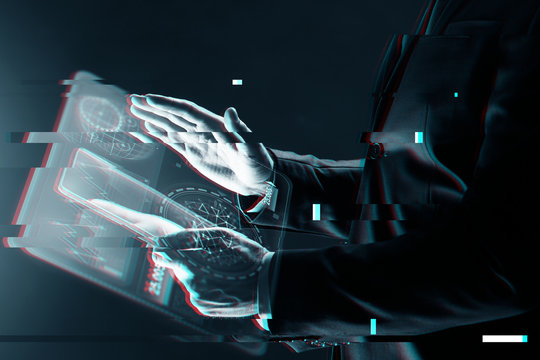 close up of businessman with transparent tablet pc