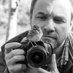 bird and photographer / A photographer with a young songbird on his camera