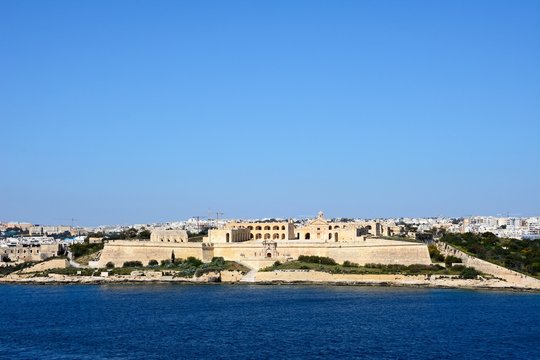 View of Manoel Fort on Manoel Island seen from Valletta with Sleima to the rear, Malta.